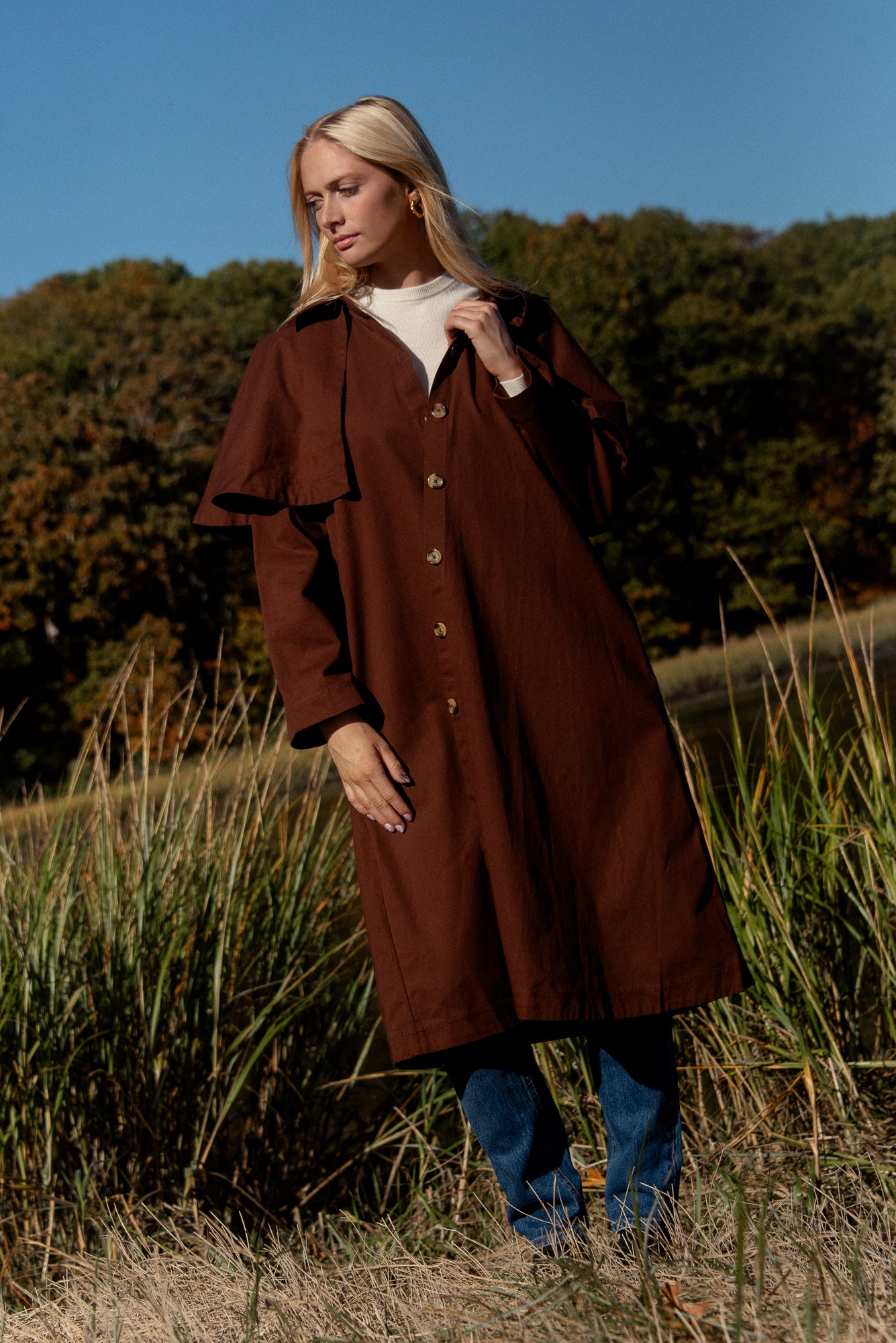 MILLE Cotton Alina Cape Trench Coat Chocolate Brown | ISLE Newport, RI