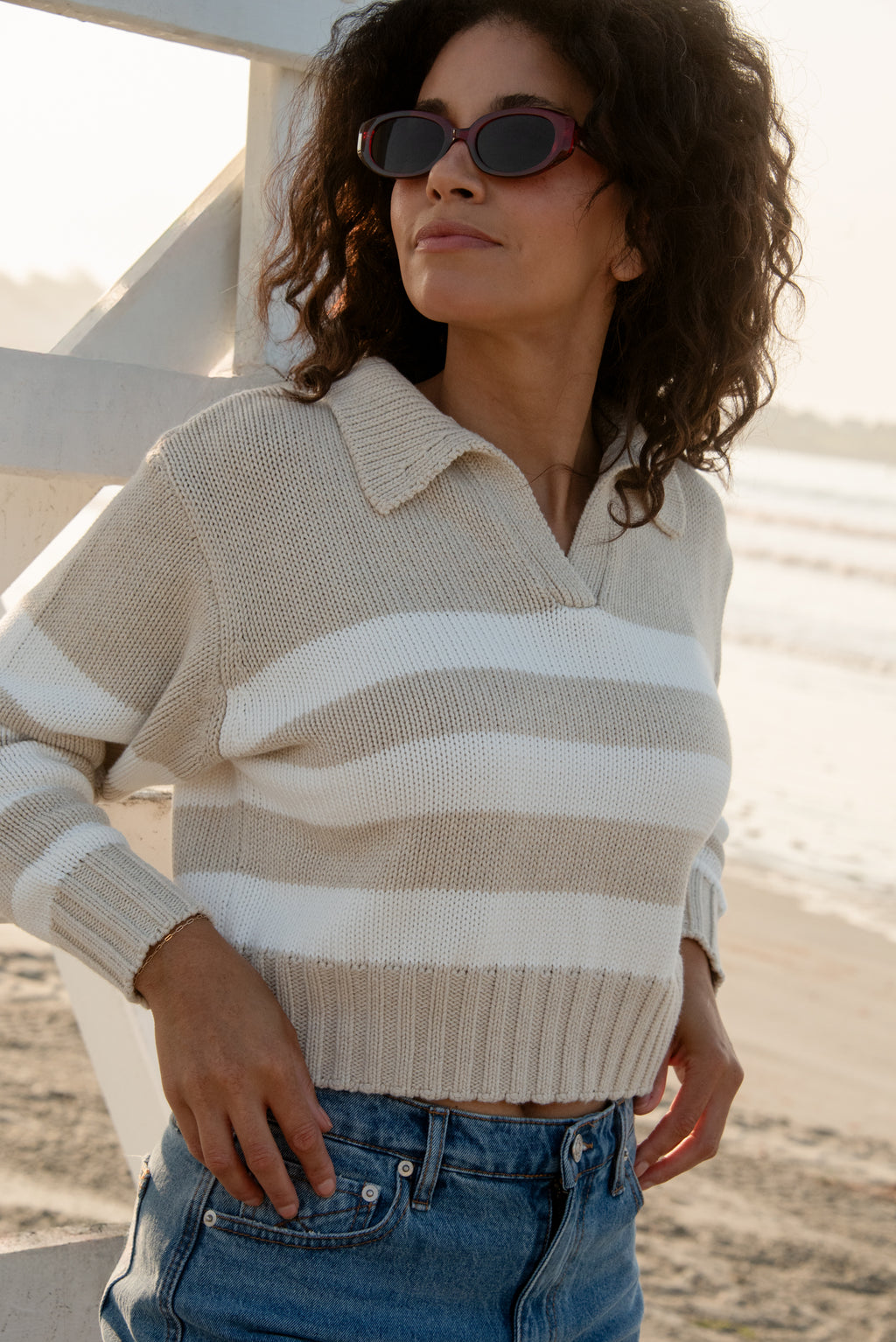 Cotton Cropped Polo Sweater