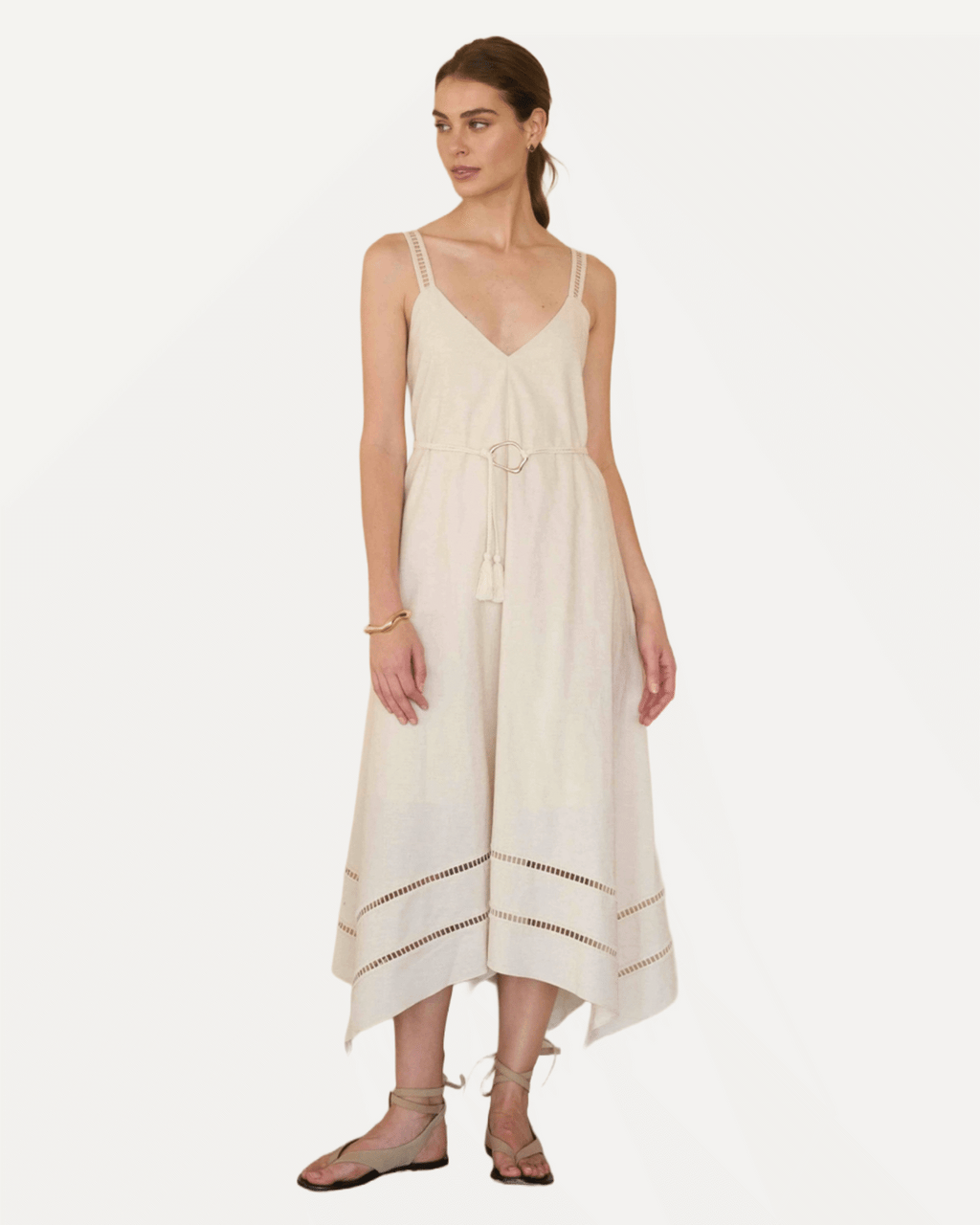 Sleeveless Asymmetric Hem Detail Belted Midi Dress
