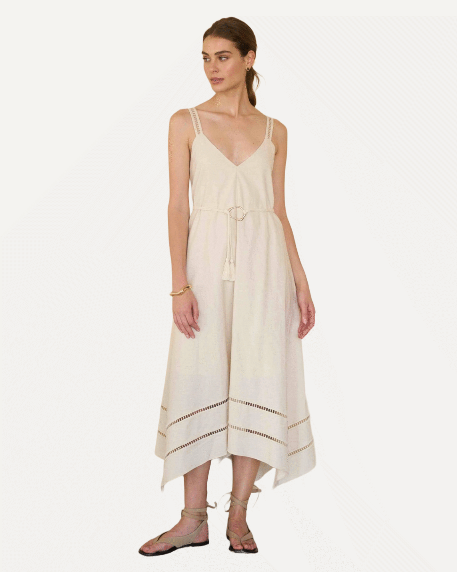 Sleeveless Asymmetric Hem Detail Belted Midi Dress