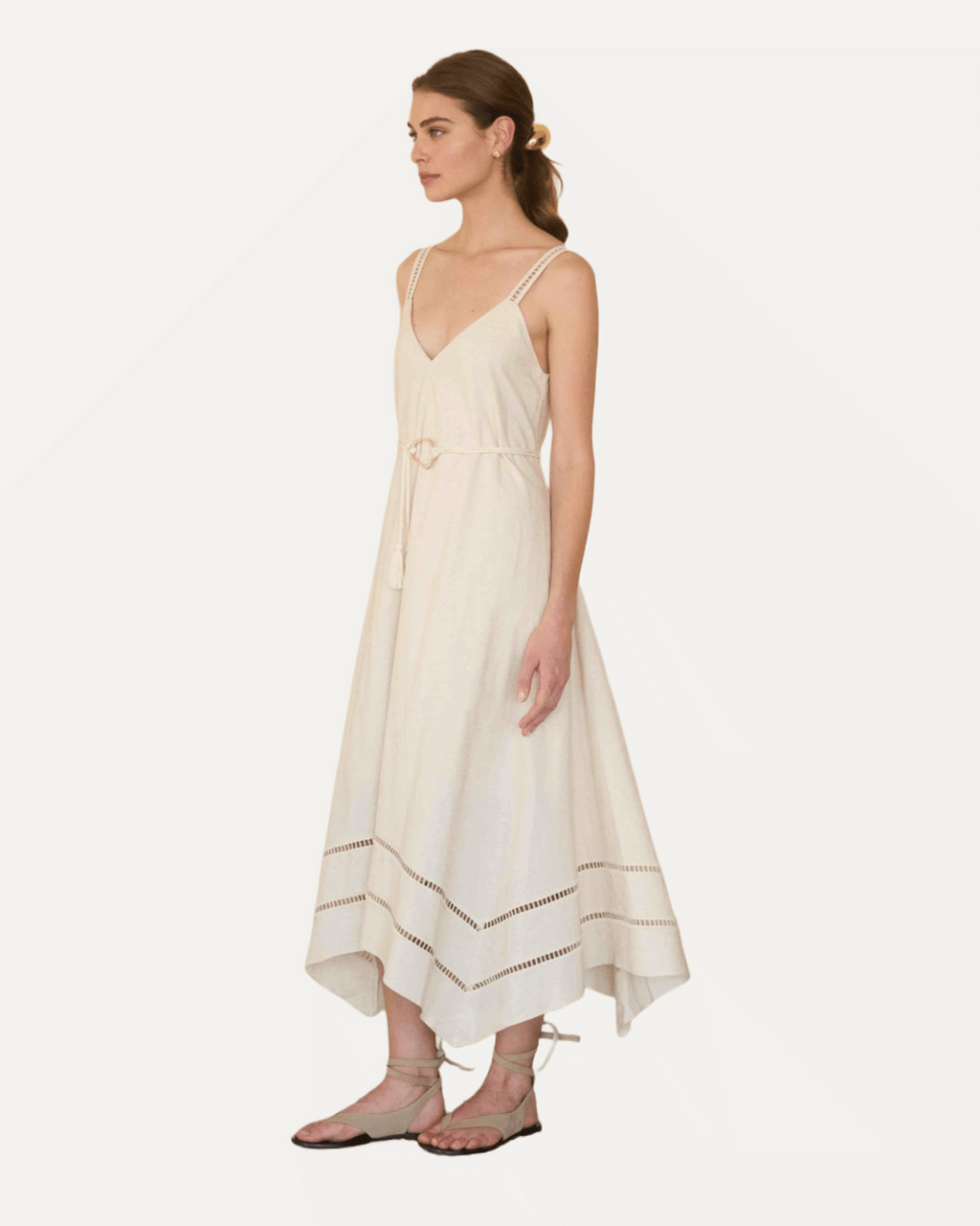 Sleeveless Asymmetric Hem Detail Belted Midi Dress