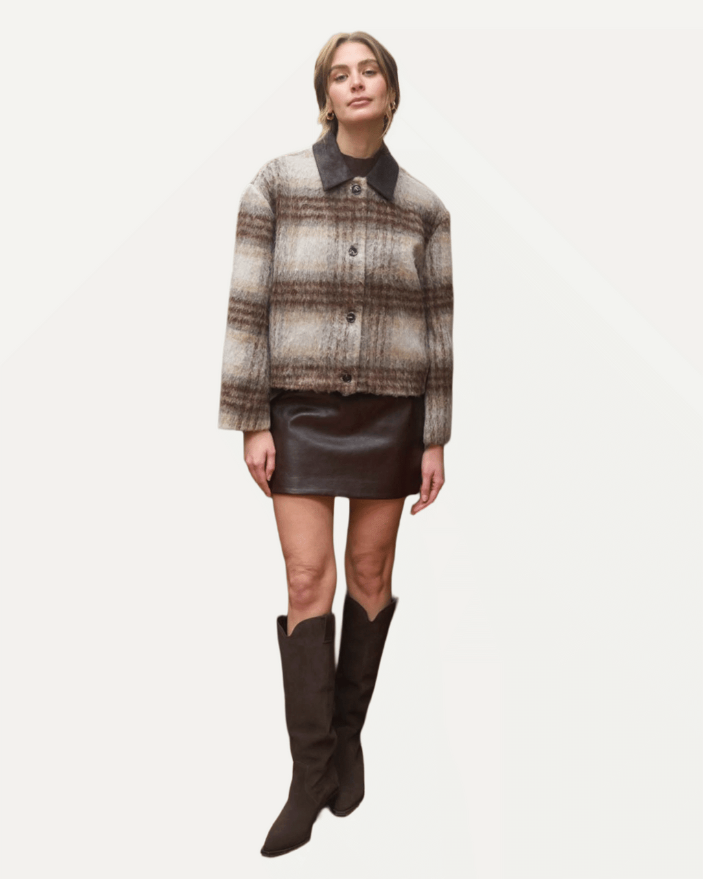 Brushed Plaid Contrast Collar Jacket