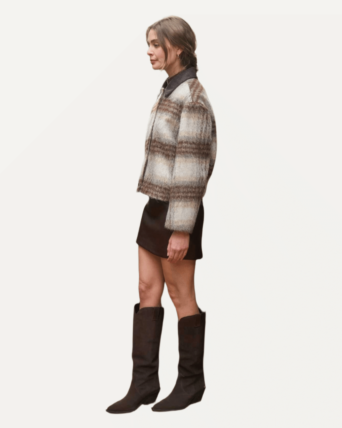 Brushed Plaid Contrast Collar Jacket