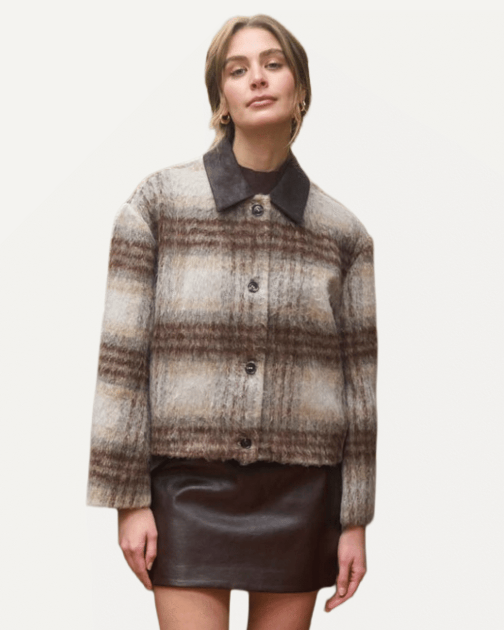 Brushed Plaid Contrast Collar Jacket