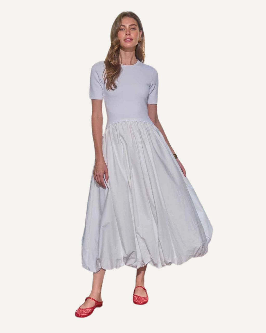 model wearing white bubble hem midi dress