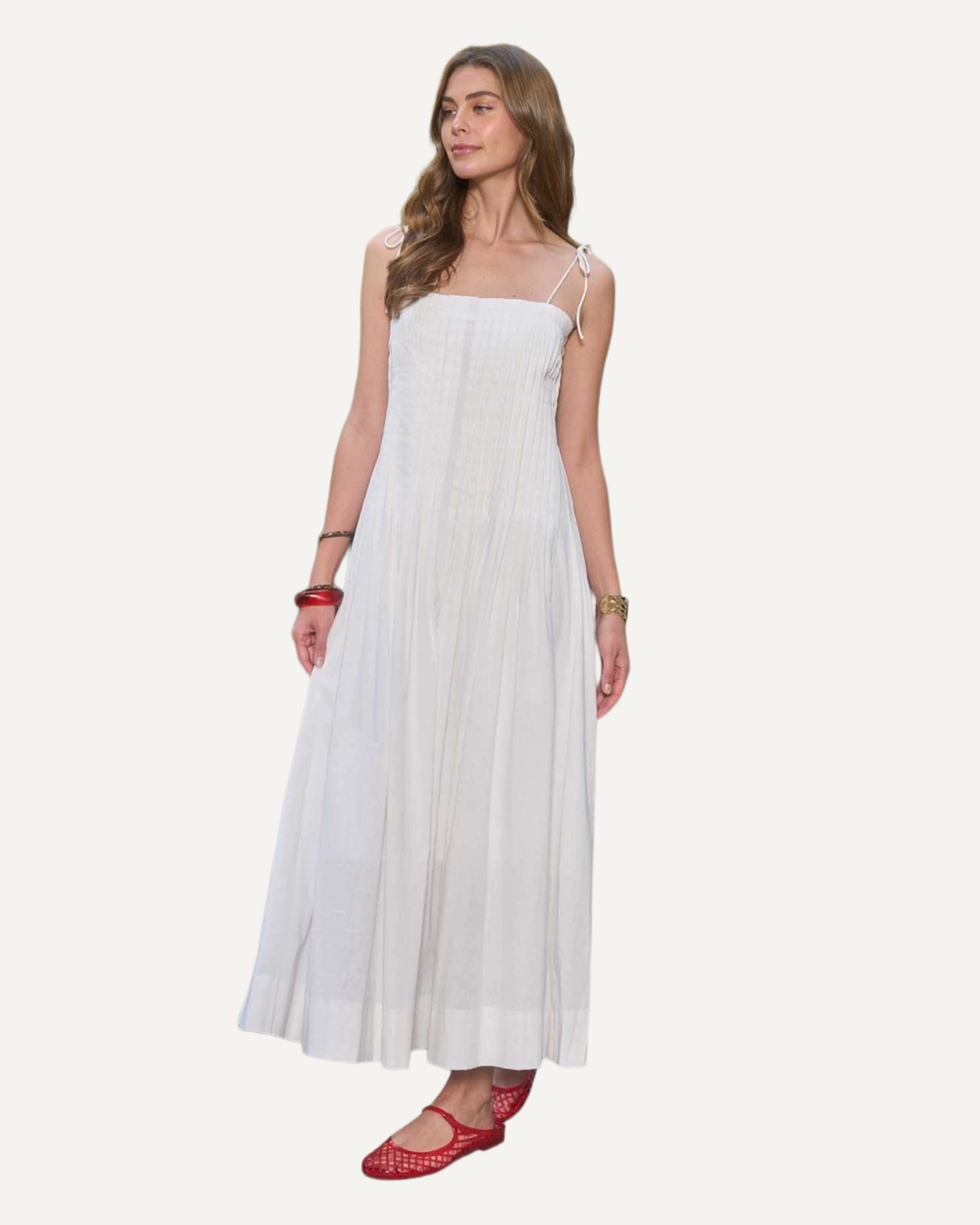 model wearing white maxi dress