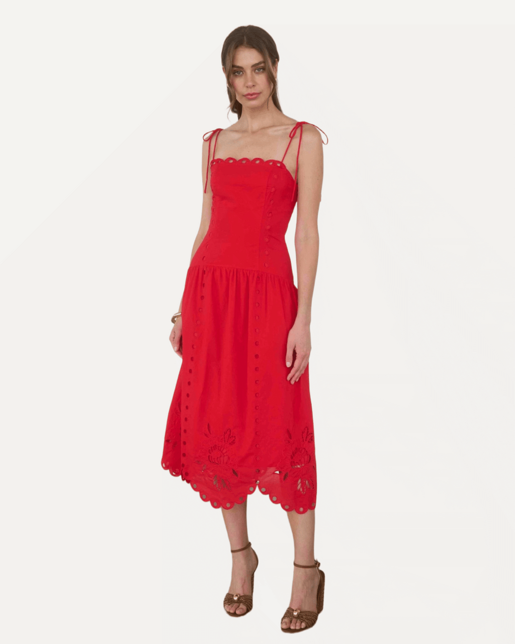 Eyelet Detail Spaghetti Strap Scalloped Midi Dress