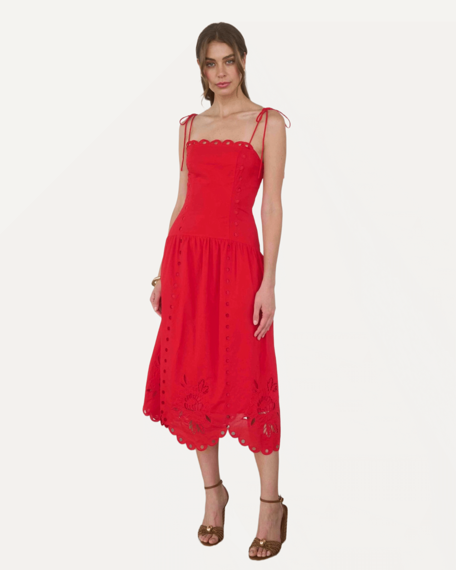 Eyelet Detail Spaghetti Strap Scalloped Midi Dress