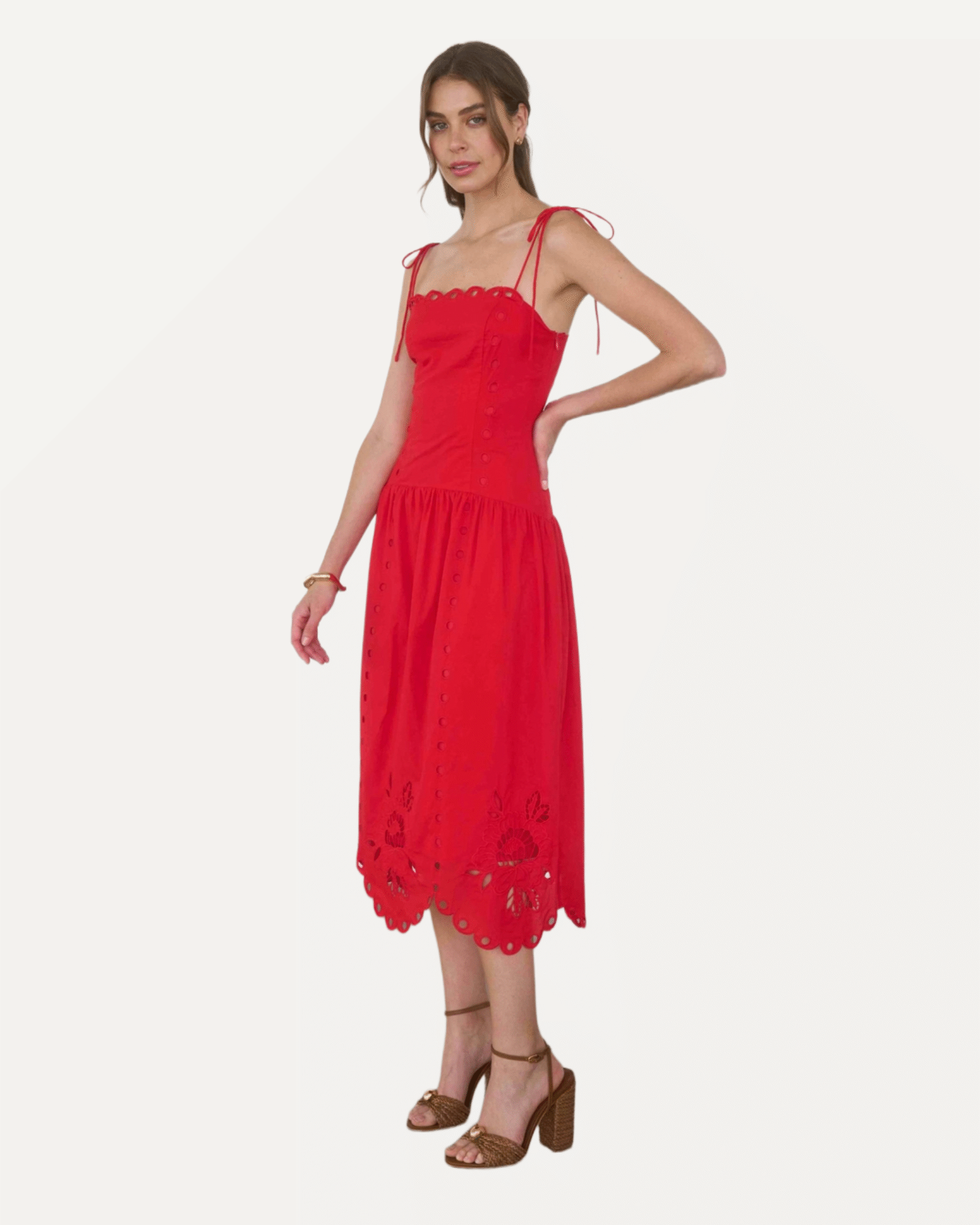 Eyelet Detail Spaghetti Strap Scalloped Midi Dress
