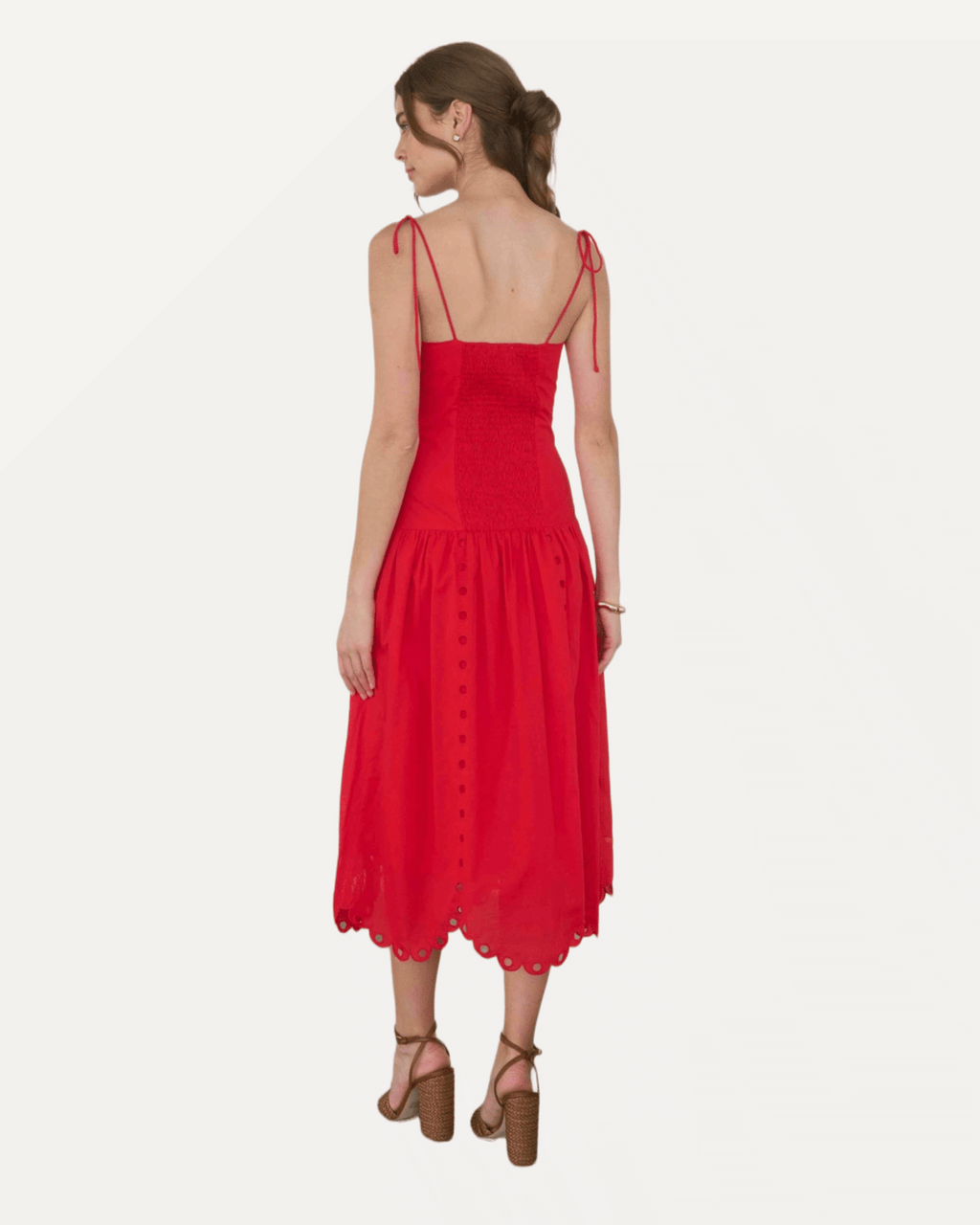 Eyelet Detail Spaghetti Strap Scalloped Midi Dress