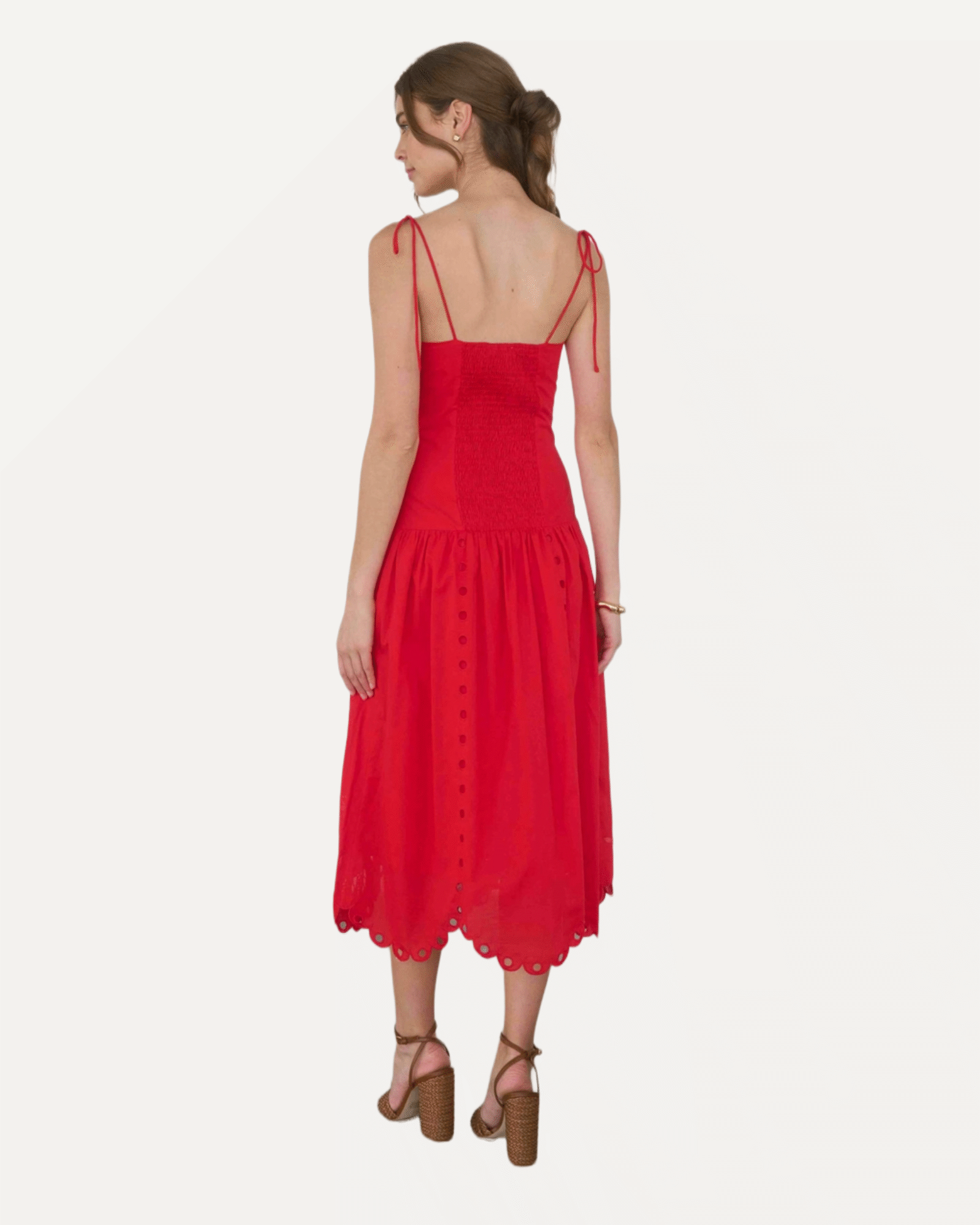 Eyelet Detail Spaghetti Strap Scalloped Midi Dress