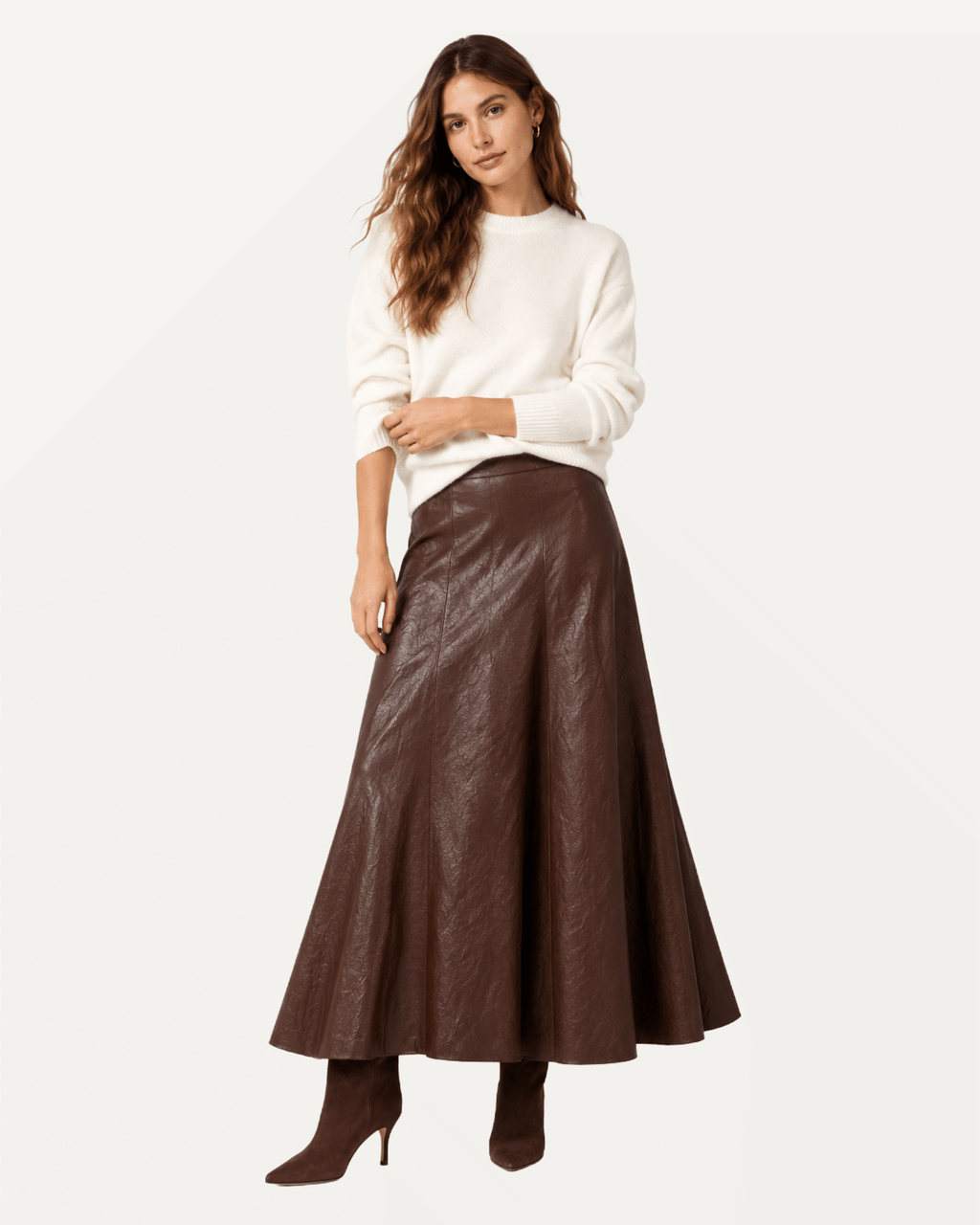 A-Line Faux Leather Midi Skirt