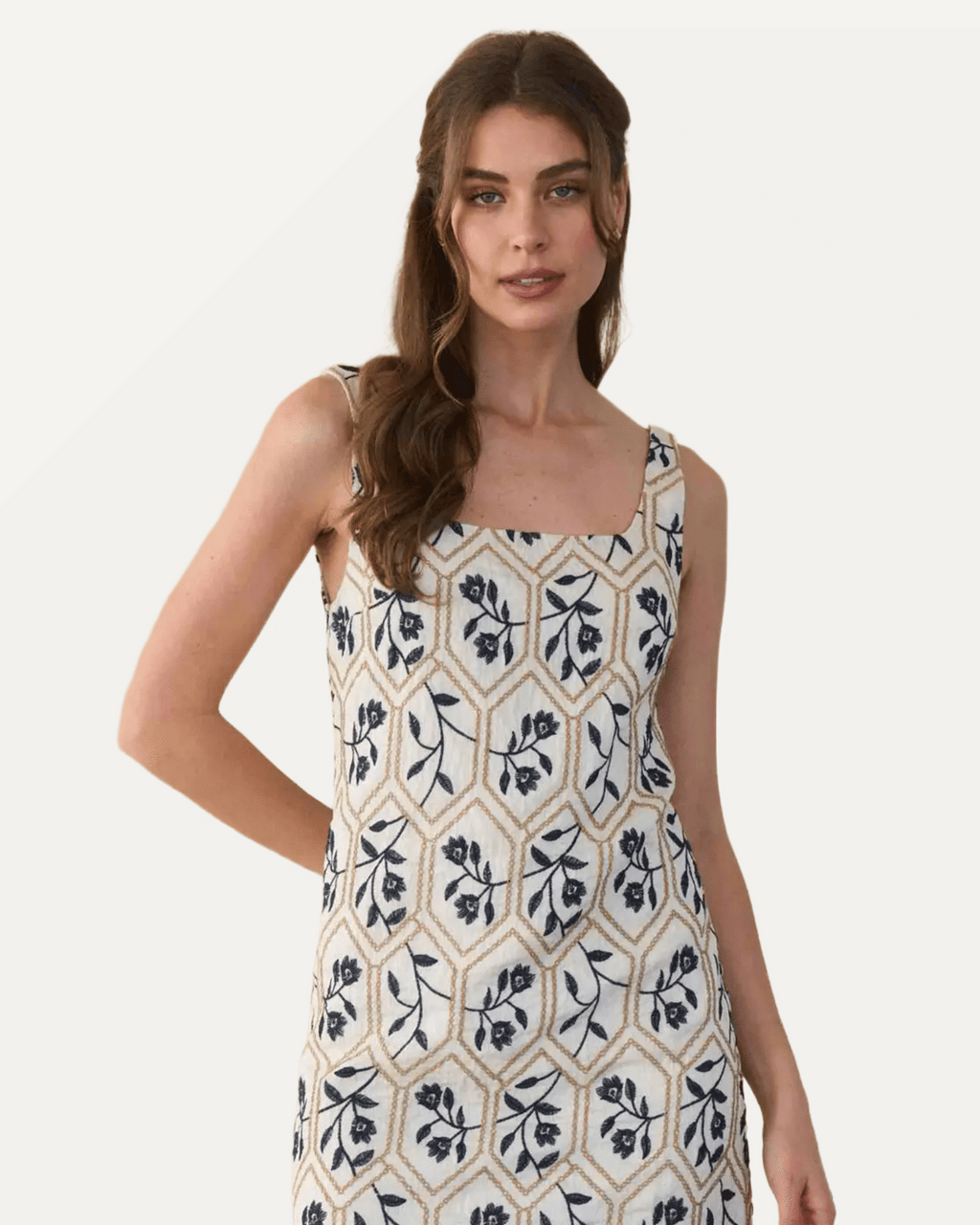 Floral Tile Embroidery Sleeveless Linen Mini Dress