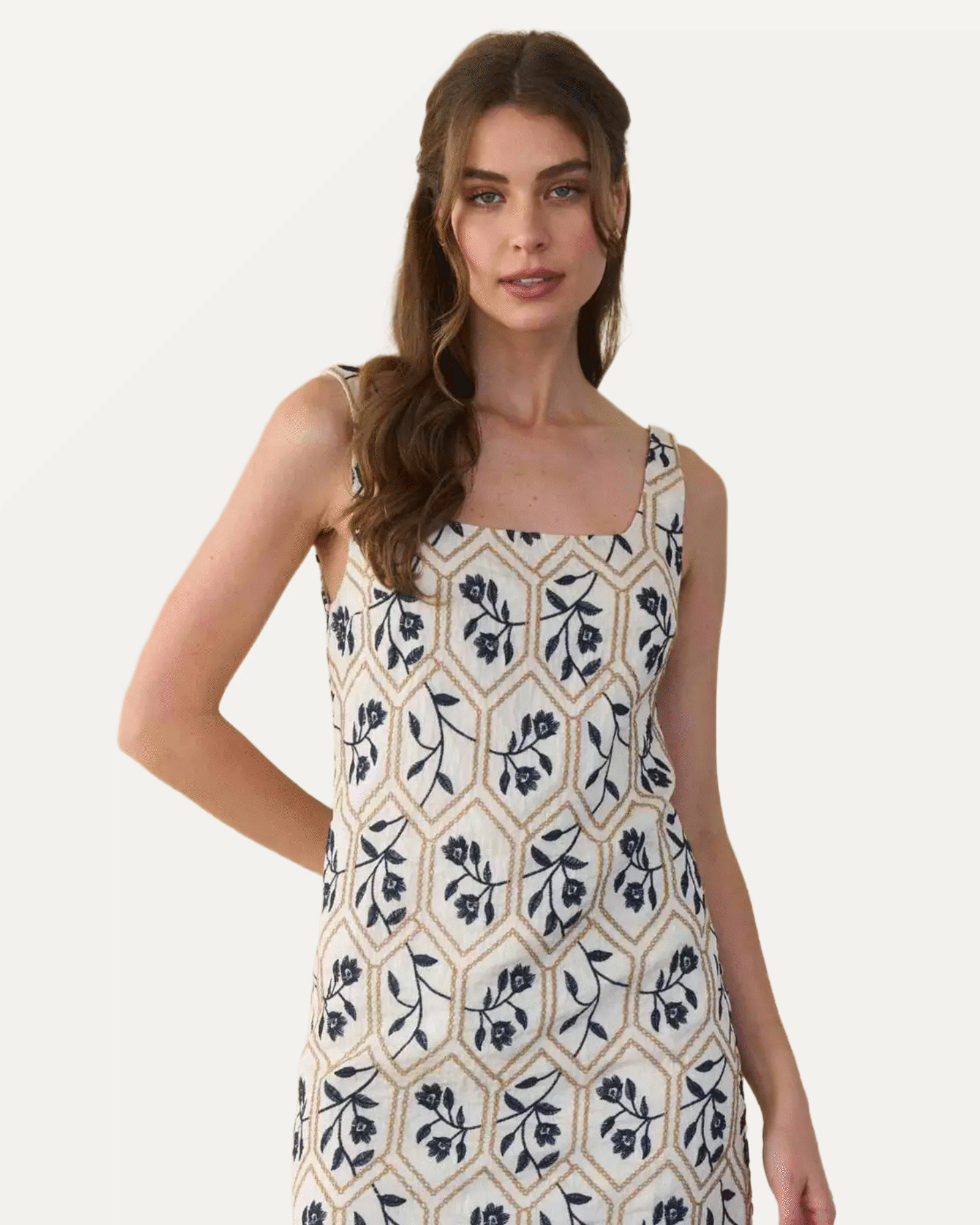 Floral Tile Embroidery Sleeveless Linen Mini Dress