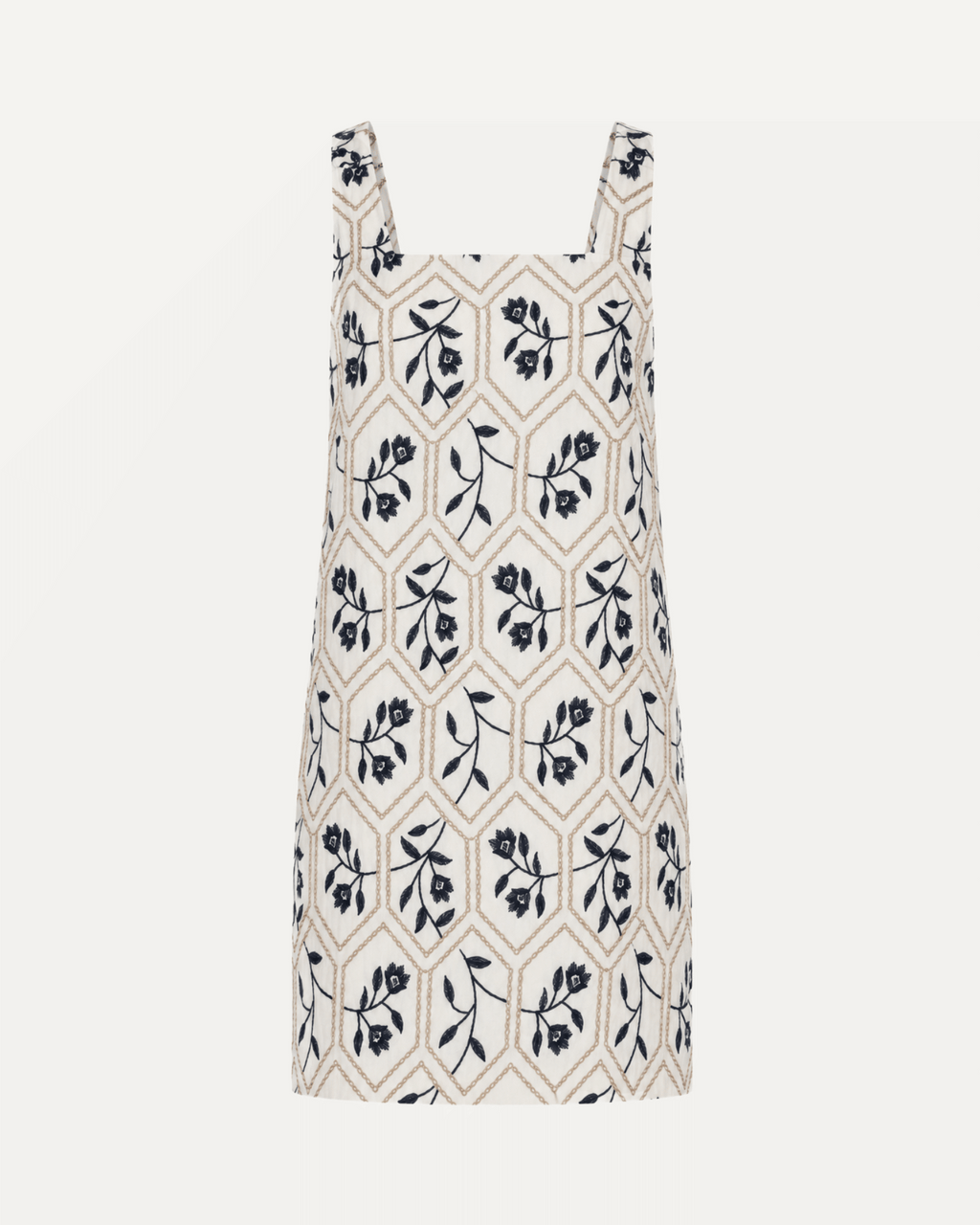 Floral Tile Embroidery Sleeveless Linen Mini Dress