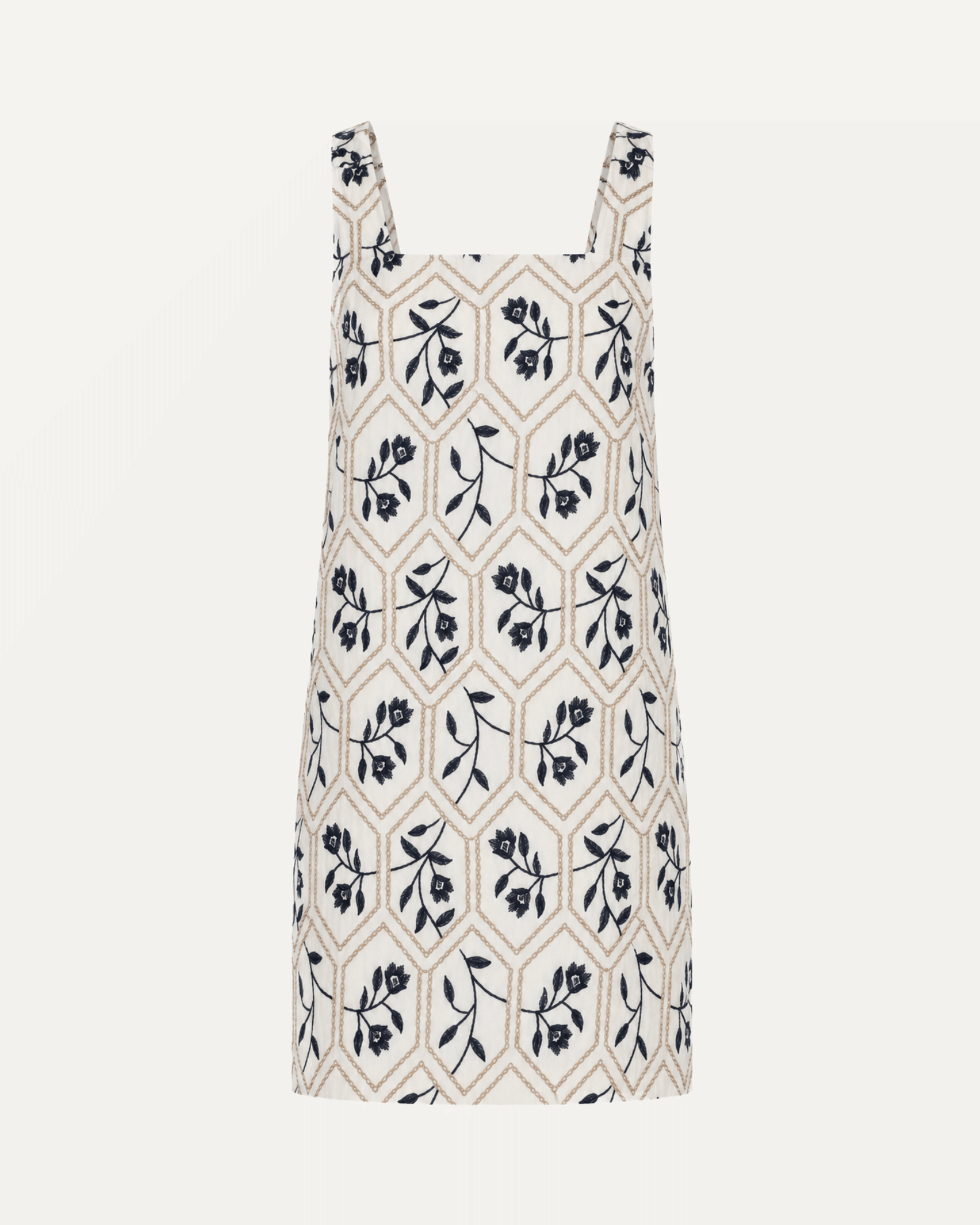 Floral Tile Embroidery Sleeveless Linen Mini Dress