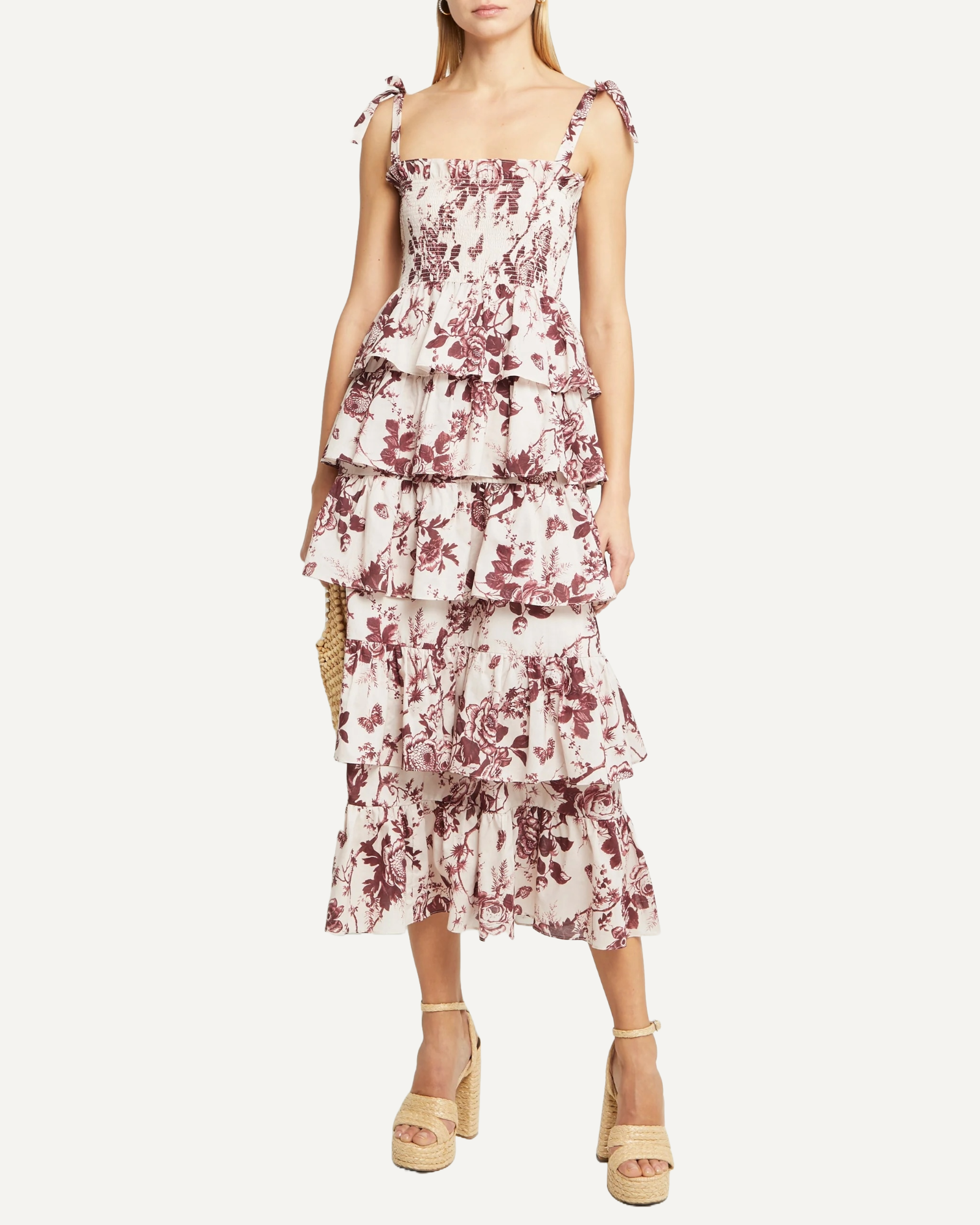 o.p.t. Cotton Smocked Lise Tiered Midi Dress Burgundy Floral