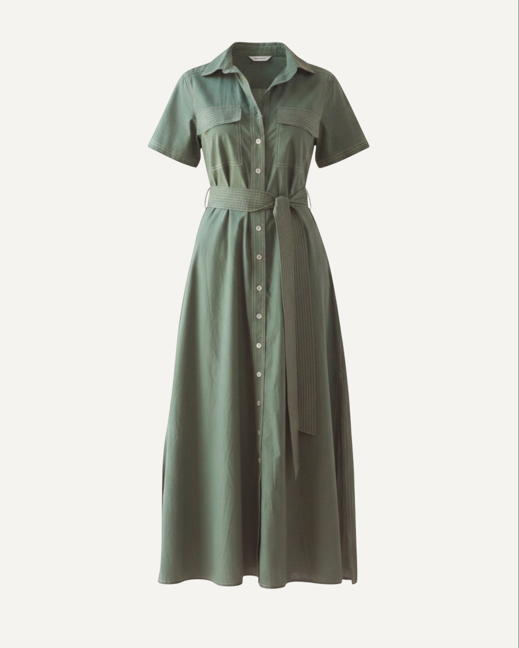 ISLE Newport Amira green cotton short sleeve midi shirt dress with tie waist and utility pockets.