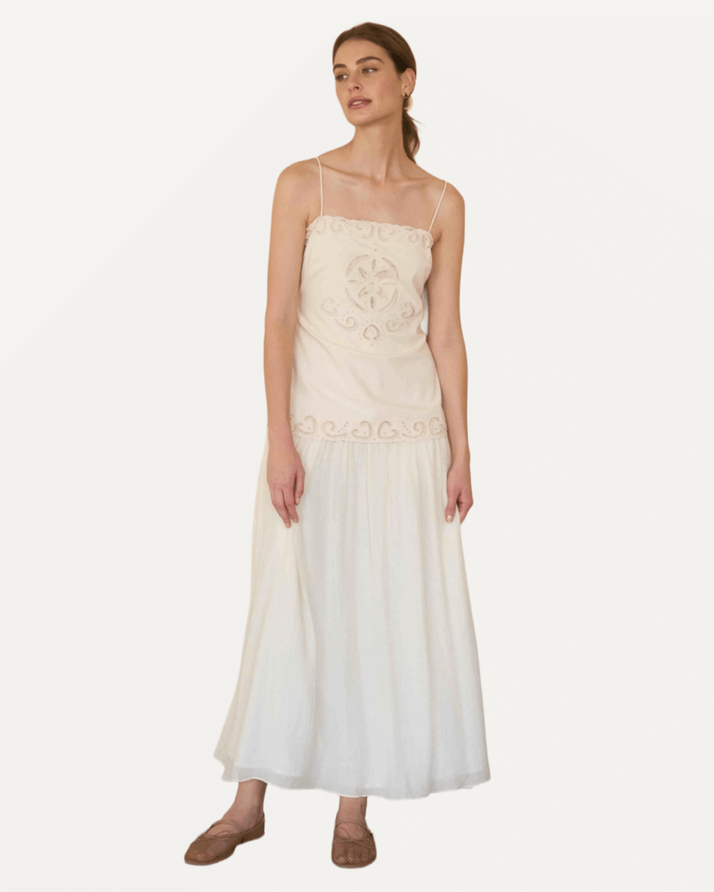 Eyelet Detail Longline Bodice Linen Midi Dress