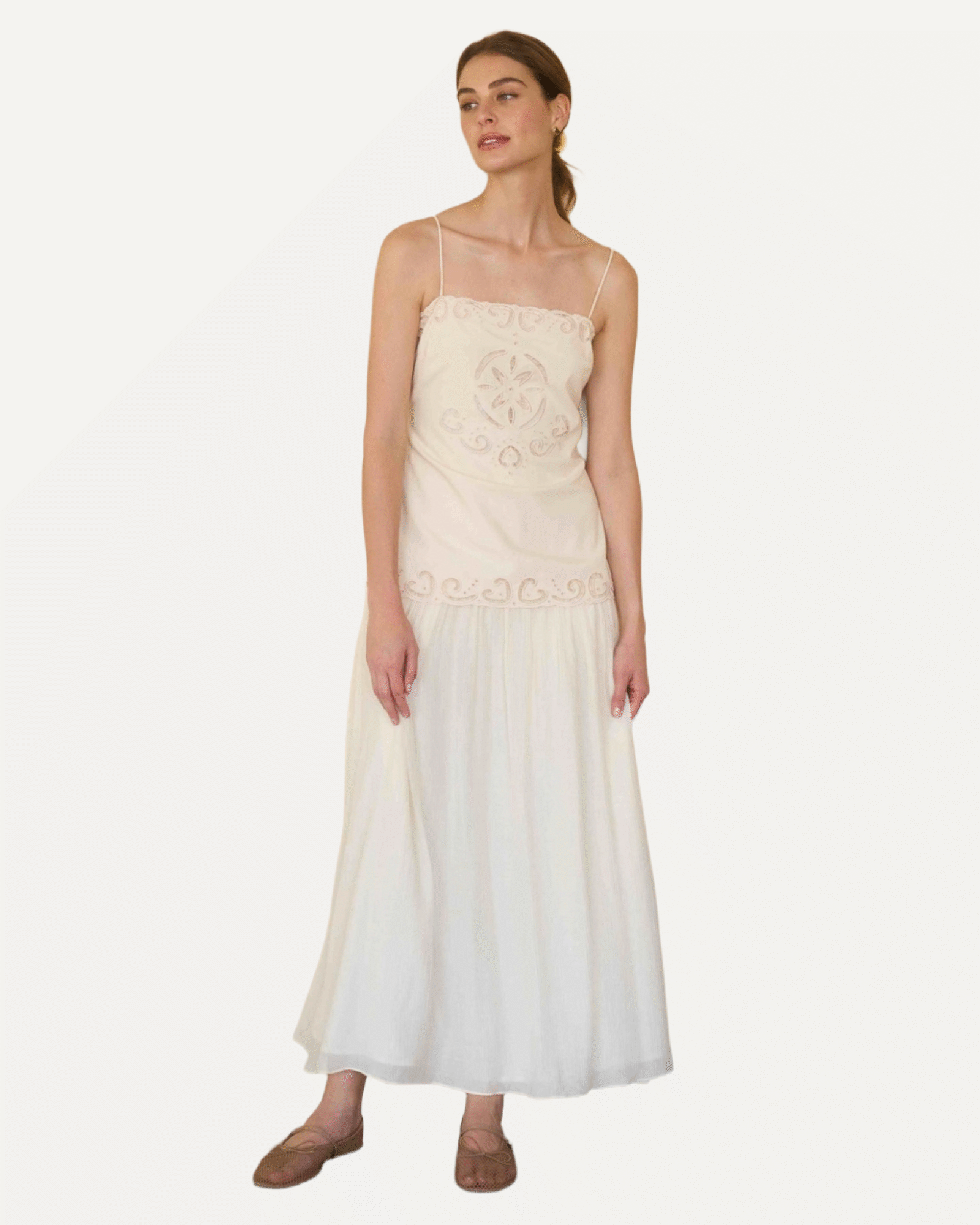 Eyelet Detail Longline Bodice Linen Midi Dress