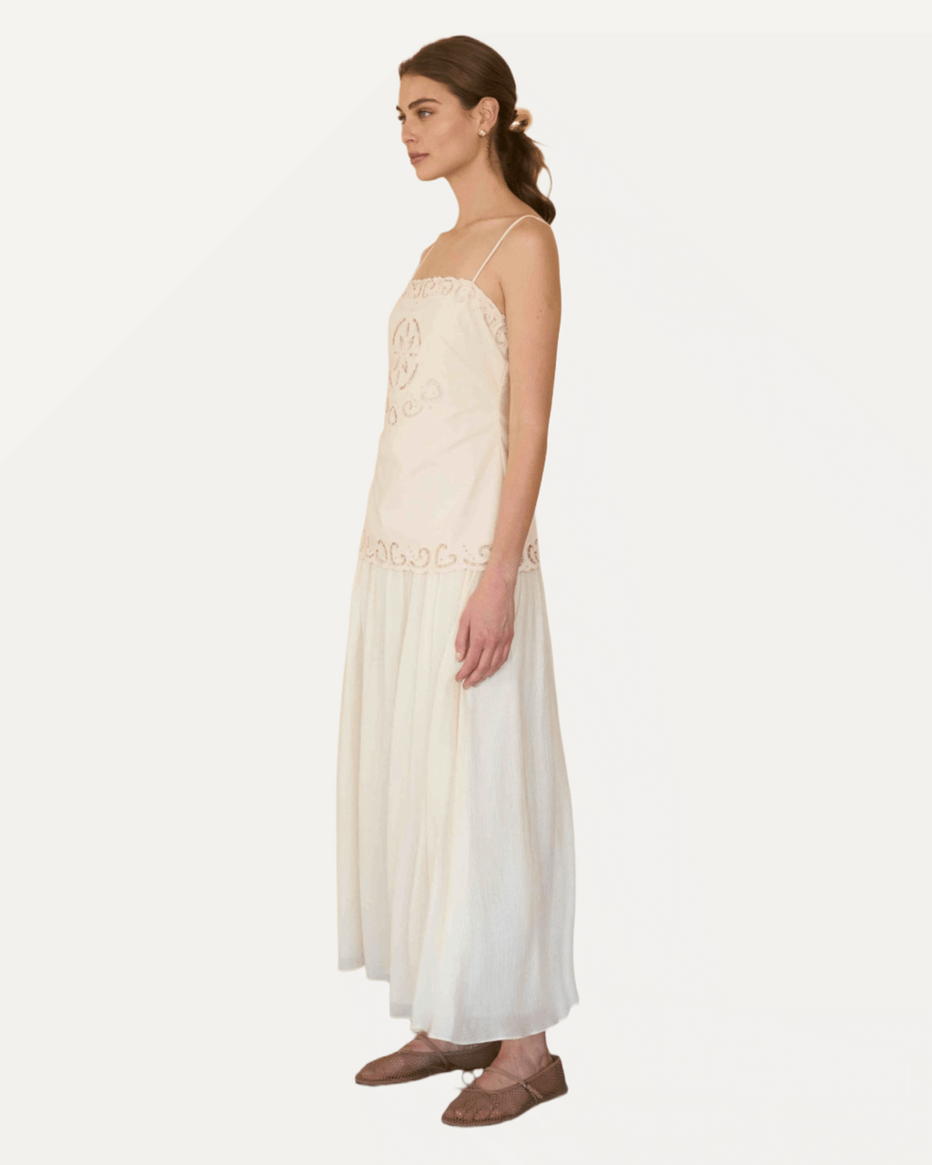 Eyelet Detail Longline Bodice Linen Midi Dress