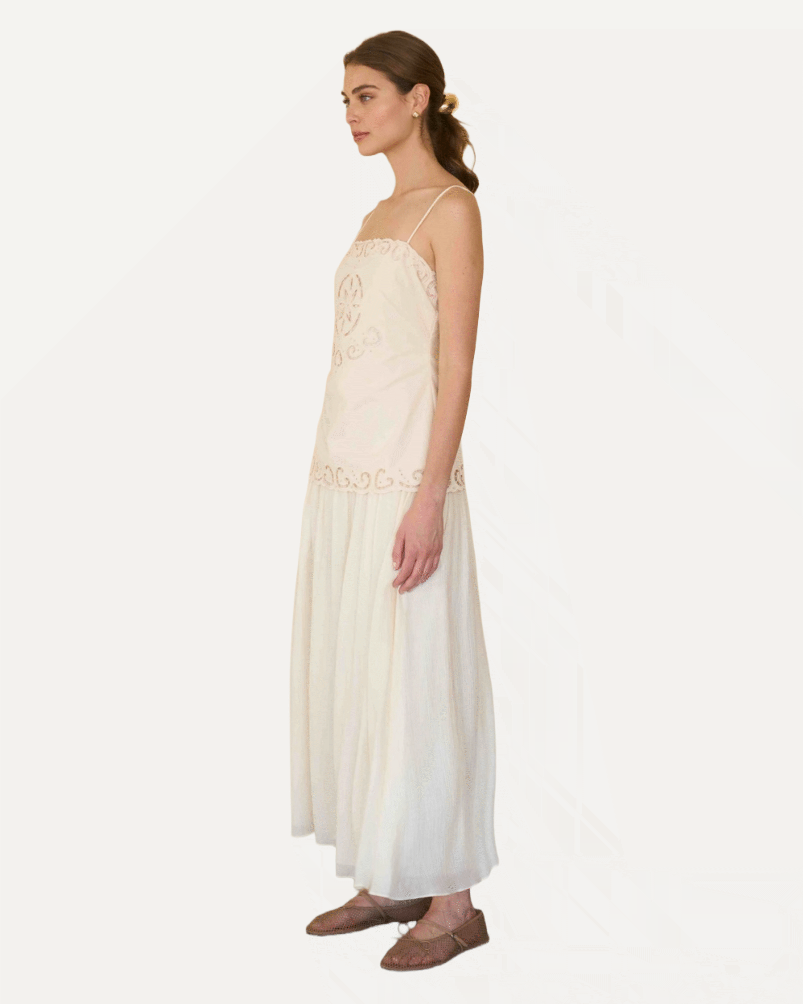 Eyelet Detail Longline Bodice Linen Midi Dress