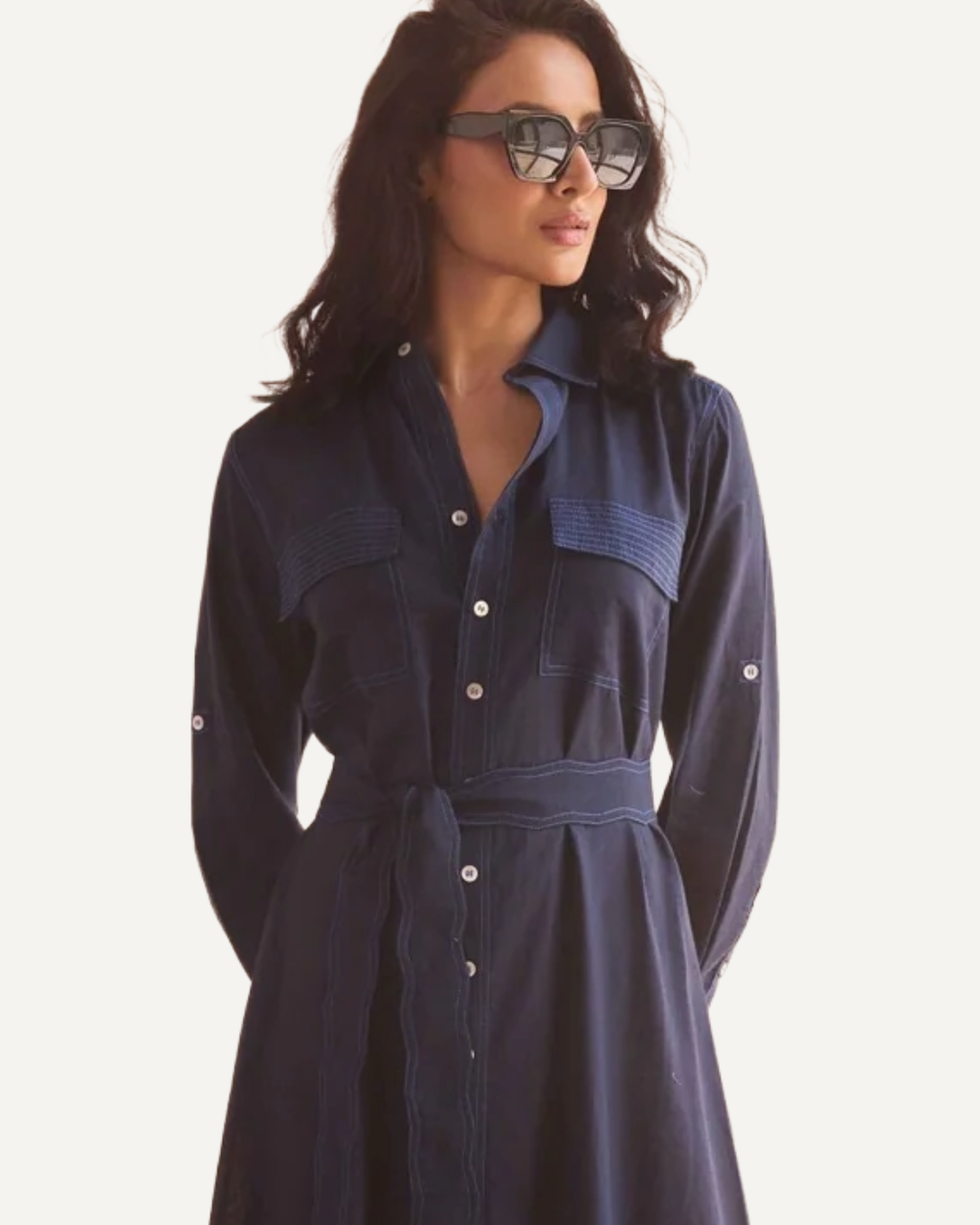 Navy long-sleeve button-front midi shirt dress with waist tie and chest pockets