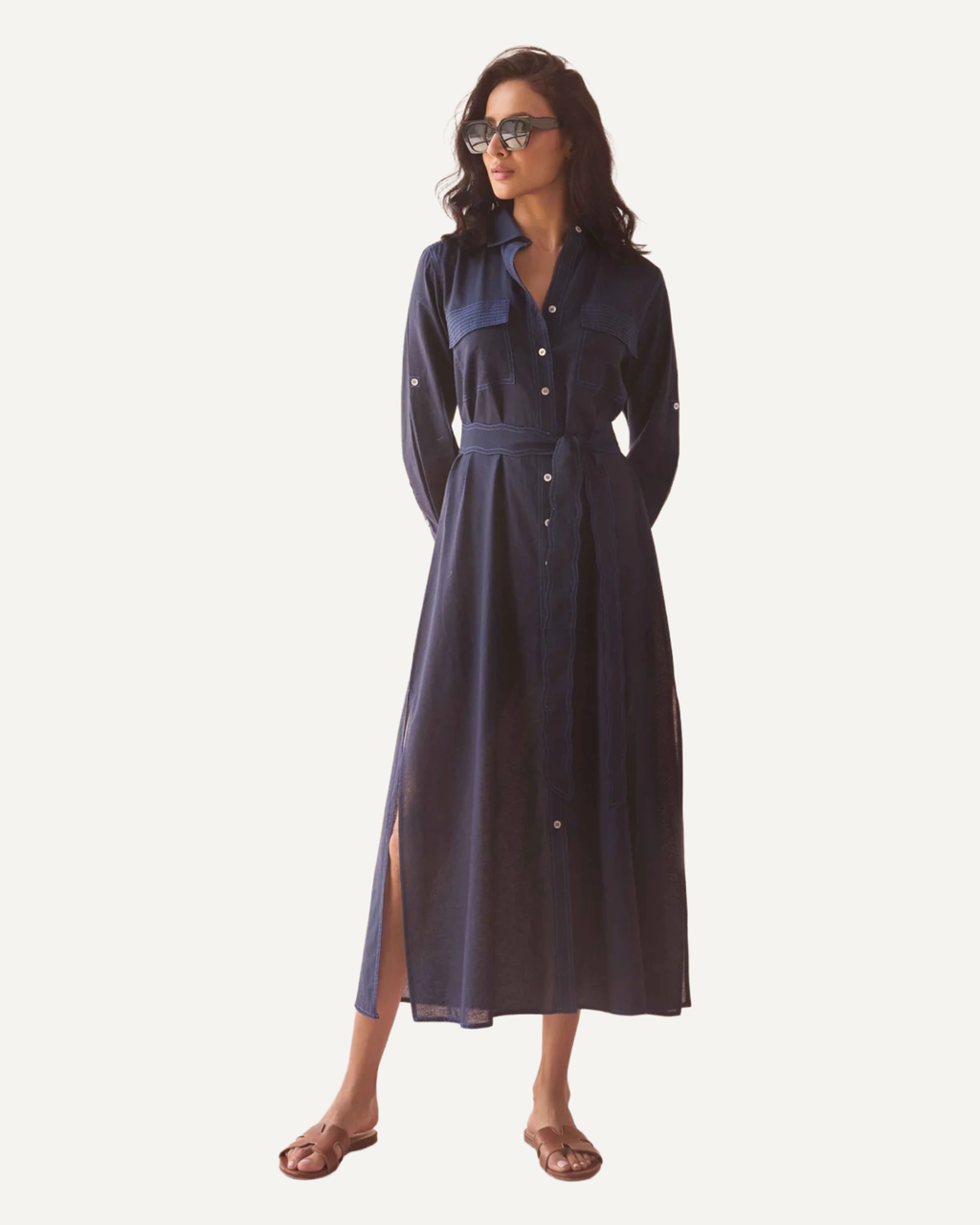 Navy long-sleeve button-front midi shirt dress with waist tie and chest pockets