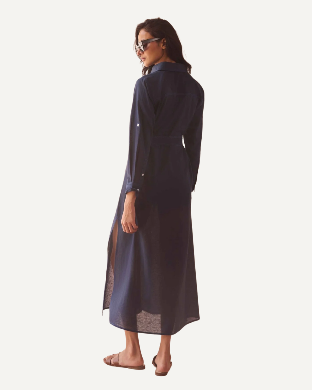 Navy long-sleeve button-front midi shirt dress with waist tie and chest pockets