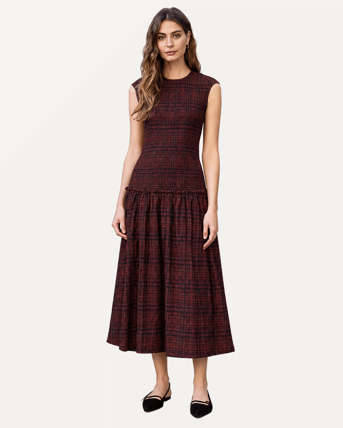 Smocked Bodice Sleeveless Plaid Midi Dress