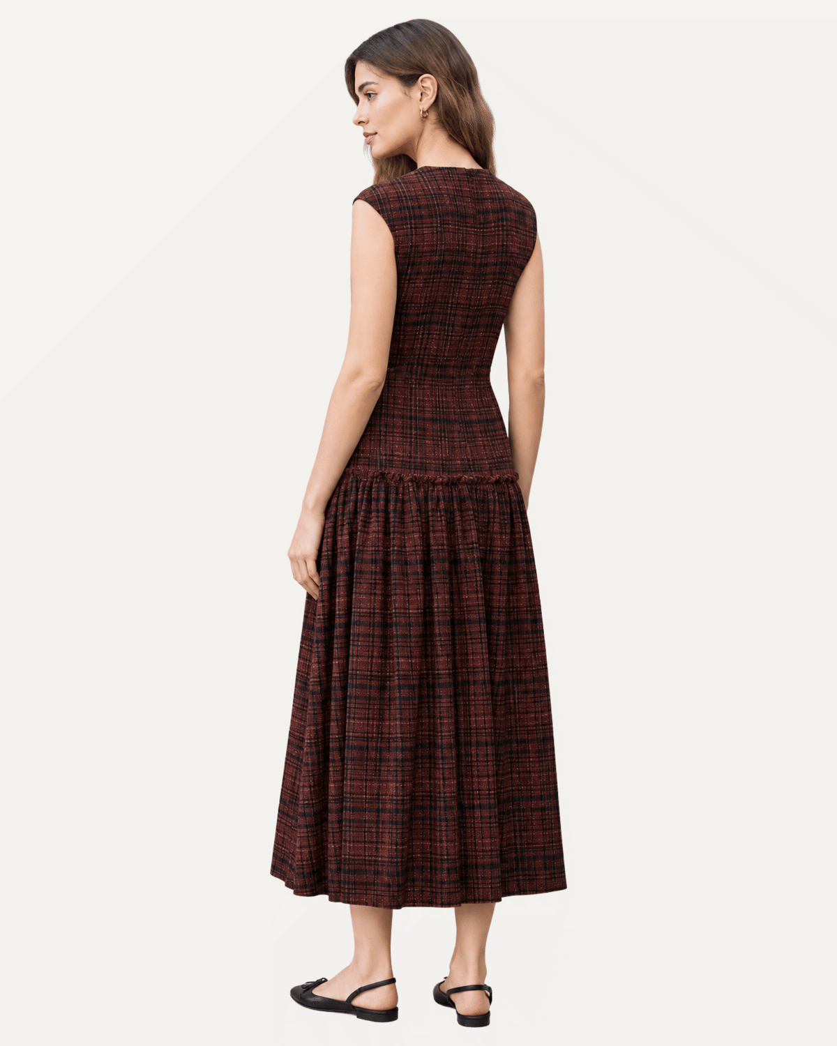 Smocked Bodice Sleeveless Plaid Midi Dress