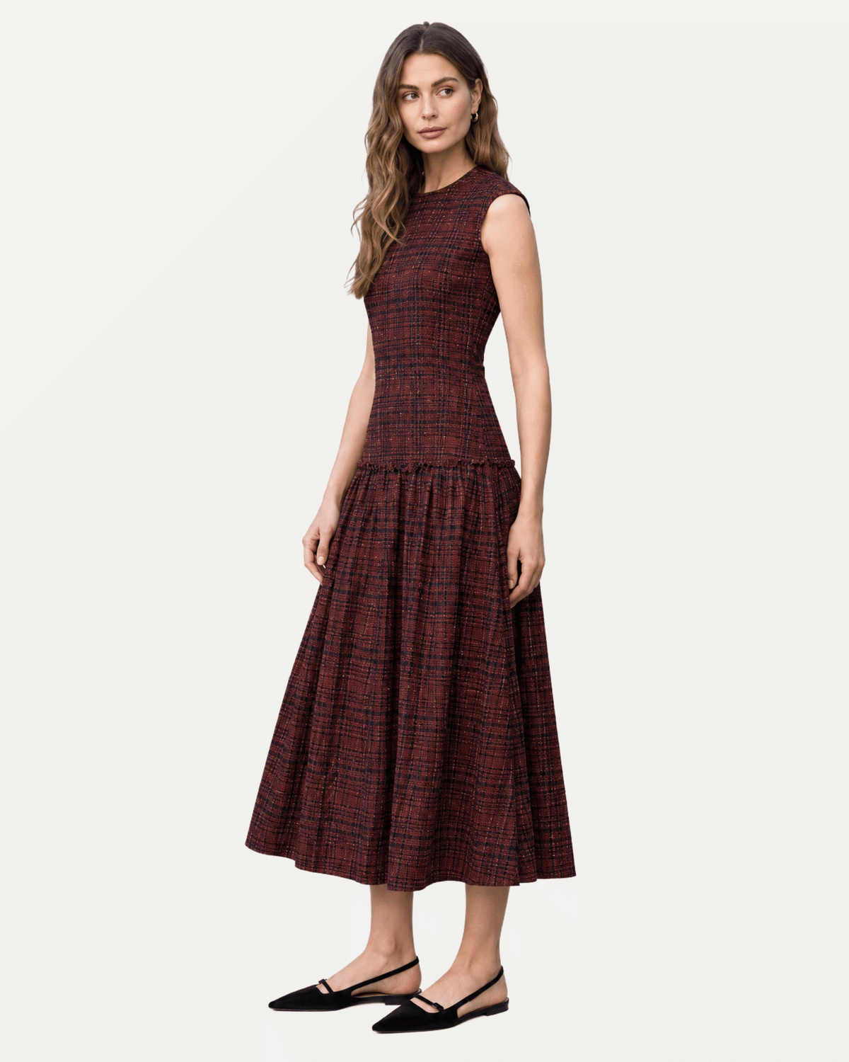 Smocked Bodice Sleeveless Plaid Midi Dress