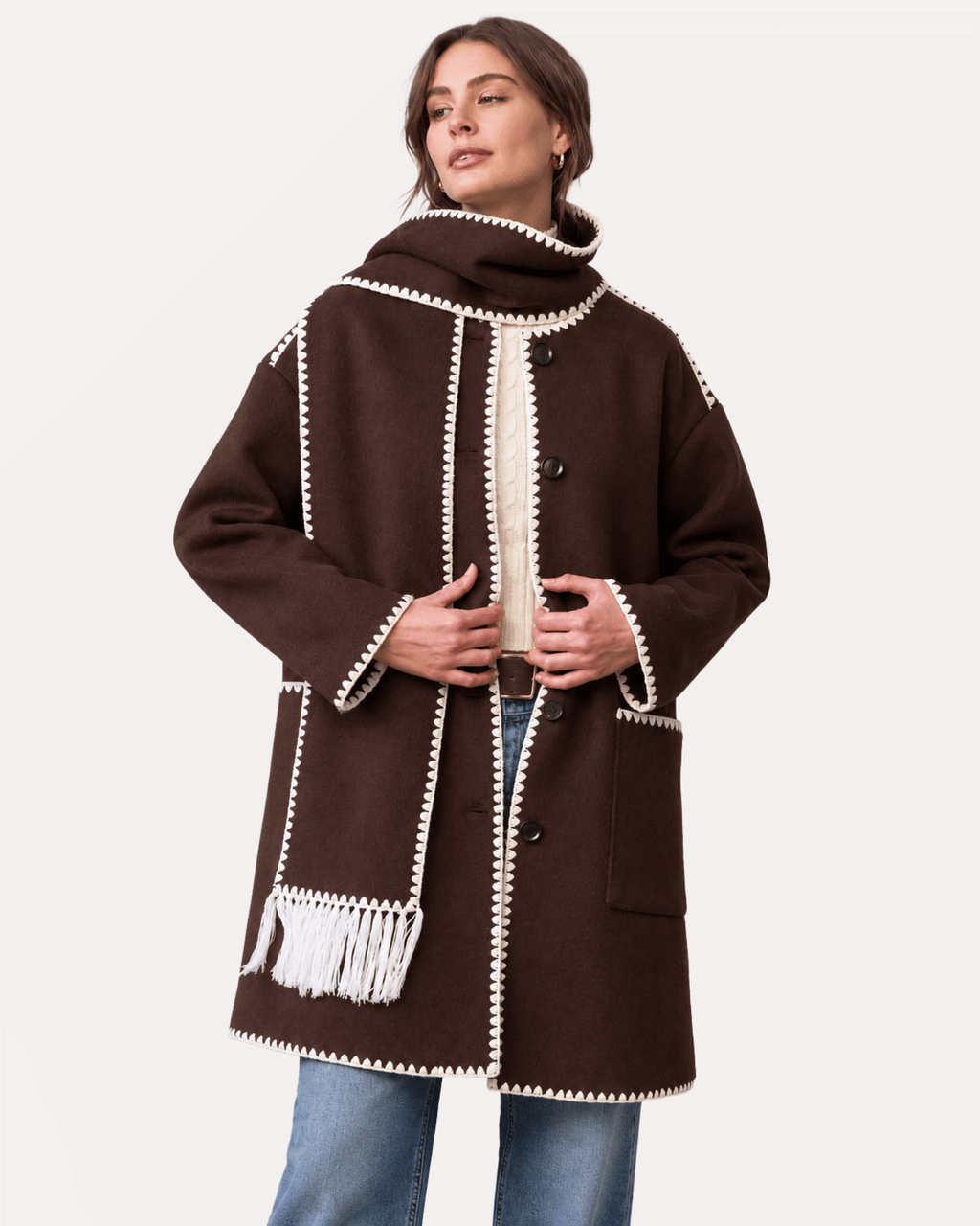Contrast Stitching  Scarf Coat