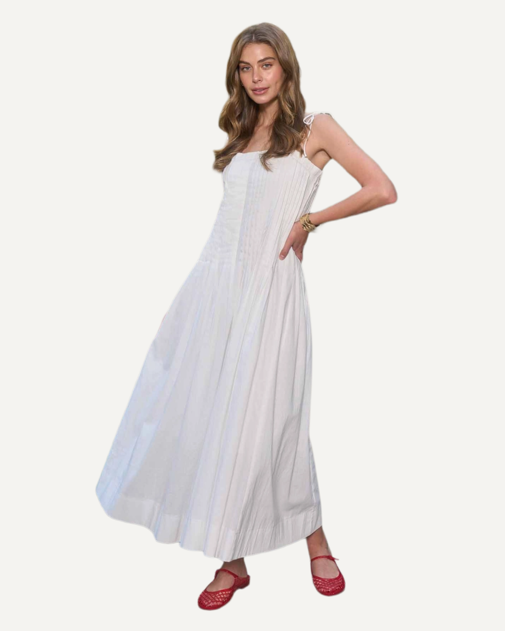 model wearing white maxi dress